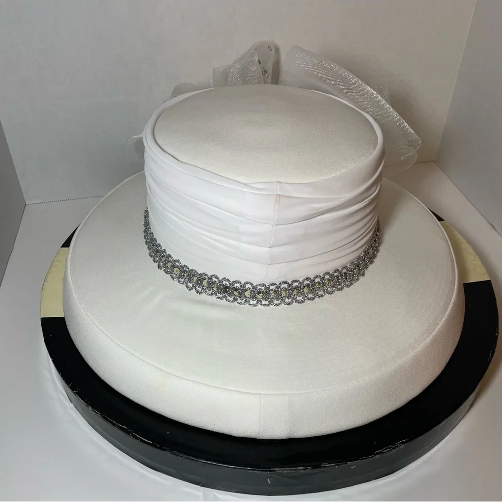 Ivory Women's Hat Rhinstone Pin Ribbon Church Derby Tea Summer Wedding Wide Brim